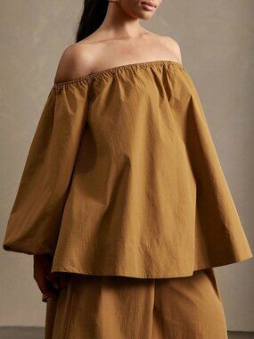 Brown Casual Women's Elasticized Off Shoulder Long Sleeve Plus Size Top